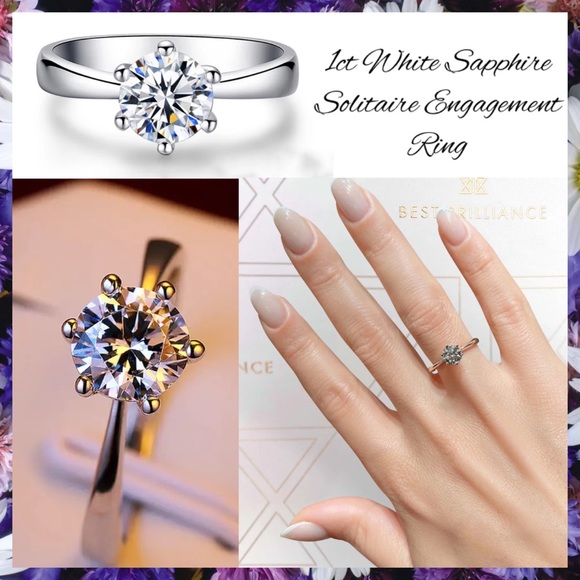 Luxury Fashion Jewelry Rings Jewelry - 1ct White Sapphire Solitaire 925 Silver Engagement Promise Ring